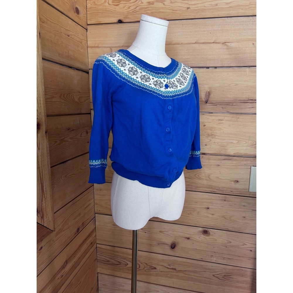 Vintage Silk Cashmere Fair Isle Cardigan Small Royal Blue Nordic Sweater Roots - Picture 2 of 9